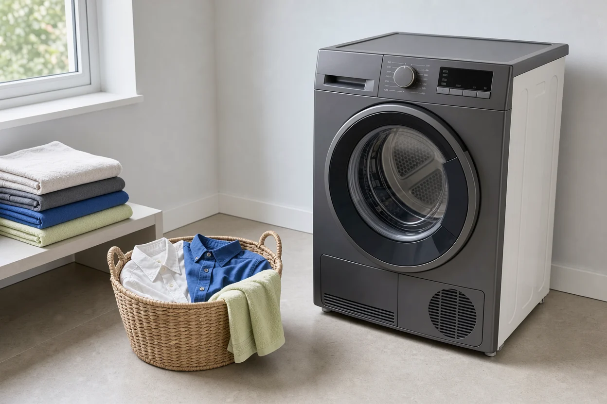 Donkere droger met een kleine lading overhemden apart in een mand.